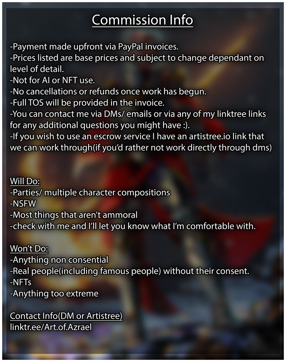 Azraels_Art's tweet image. July was rough😅
Commissions Open!🔥
RT would mean the world! 🙏
If you'd like to support me and my work you can through the ☕️ link in replies! 
anything at all helps more than you know :) 

#art #artist #artcommission #Commision #commissionsopen #ttrpg #ttrpgcommunity #TTRPGs