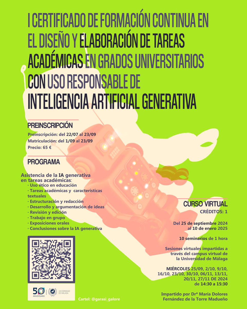 Curso de Enseñanzas Propias de la Universidad de Málaga, dirigido a alumnado nóvel universitario, grado superior de FP y bachillerato, sobre IA generativa y tareas académicas.
Preinscripción abierta.