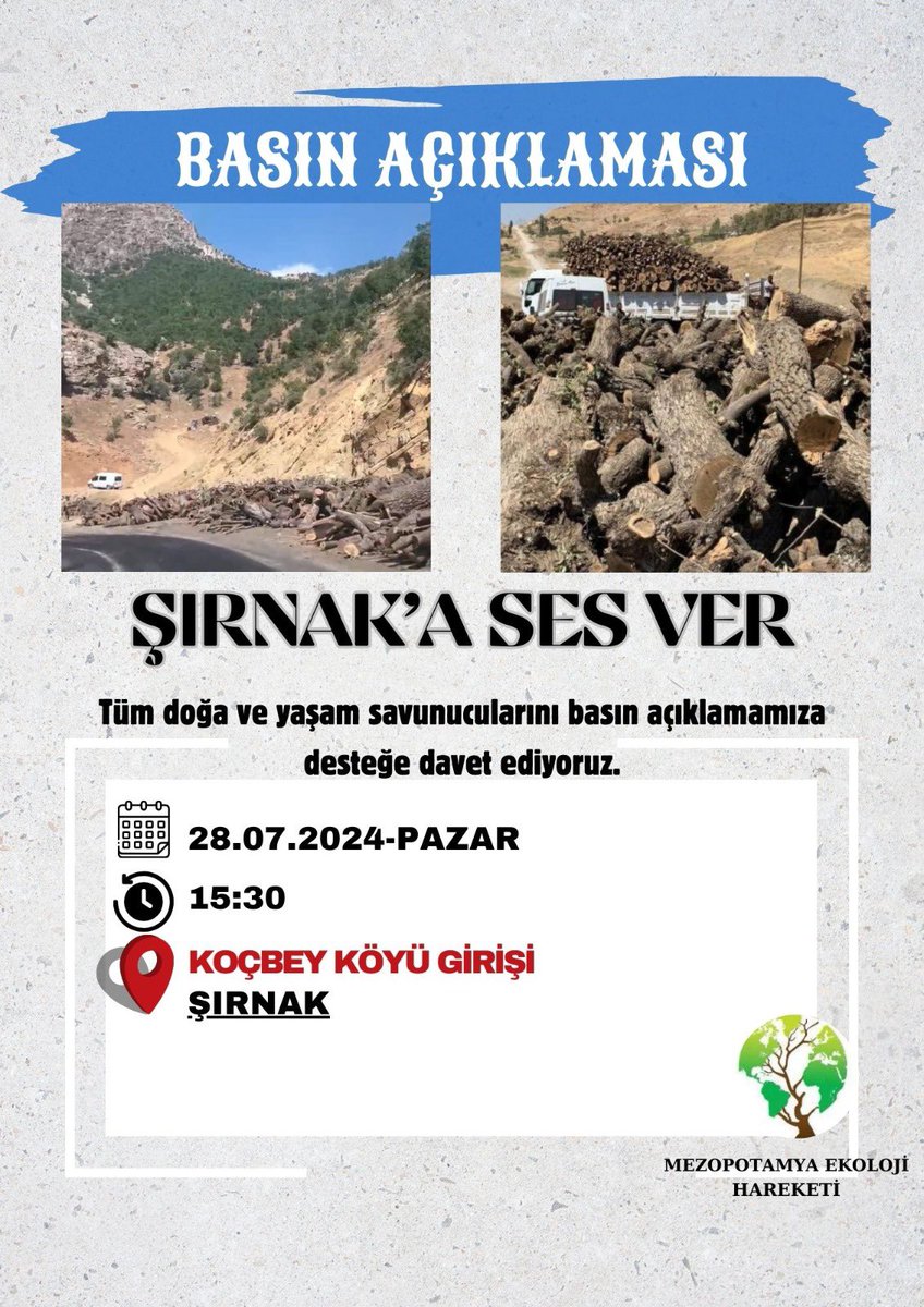 sessirnak's tweet photo. 28 Temmuz'da Şırnak'ta yapacağımız basın açıklamasına tüm duyarlı kesimleri bekliyoruz. Doğa katliamını beraber durduralım. @sesgenelmerkezi https://t.co/DGZUk9mF8o