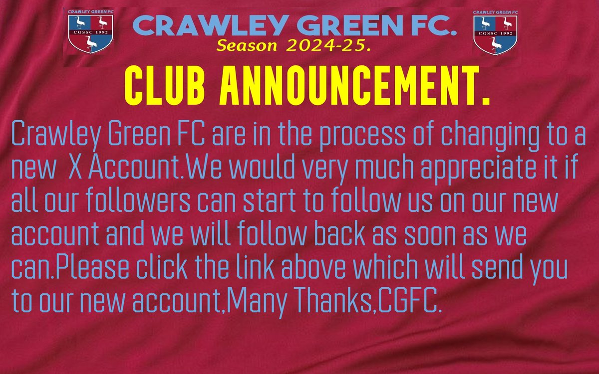 CrawleyGreenFC's tweet image. Crawley Green New X Account Link
@CGFC2024 Tonight will be the last postings on this page as we move to the new account.