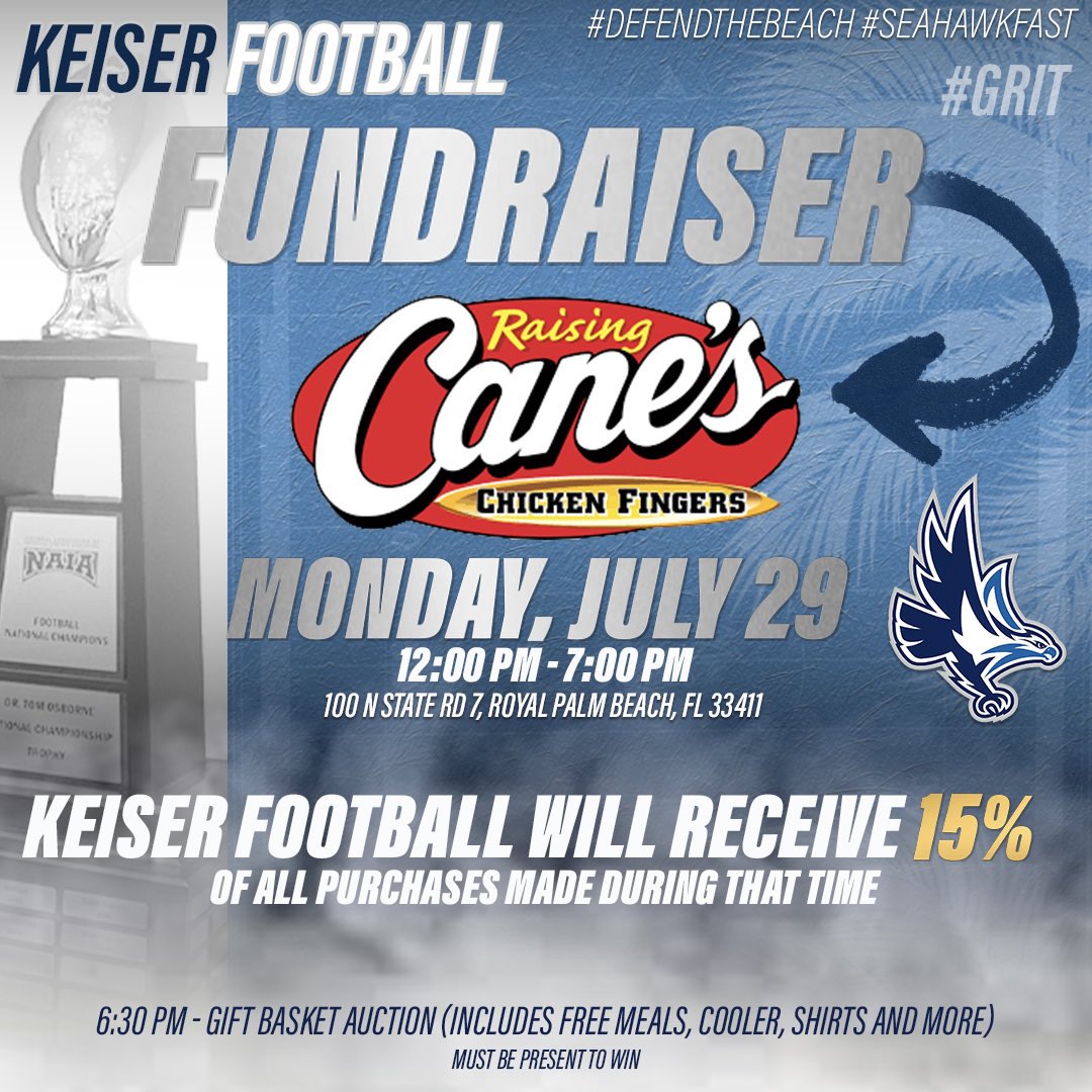 2️⃣ days away! Come support your Seahawks at our <a href="/raisingcanes/">Raising Cane's</a> fundraiser. Remember to mention “Keiser Football” at the register. 
#SeahawkFast🦅💨
#GRIT
