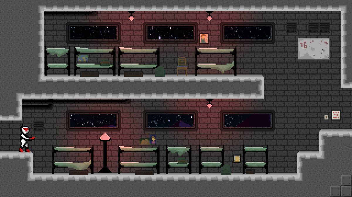 Working on creating a barracks area in my upcoming game Star Child! Added some decorative things to make it feel like a real space. Do I need more decorations? More personal items? 

#GodotEngine #screenshotsaturday #IndieGameDev