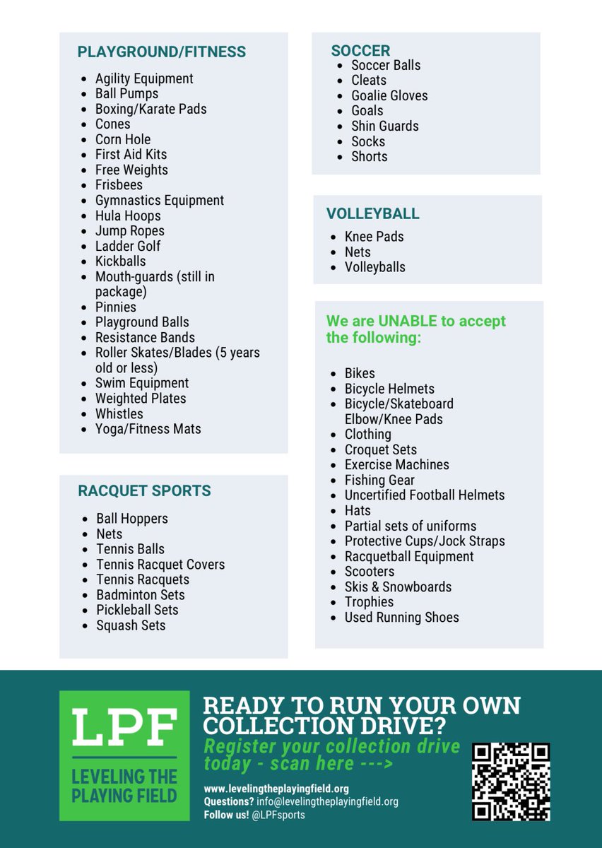 🚨2nd Annual DMV Area Leveling the Playing Field Drive🚨

Do you have new or gently used sporting equipment you no longer need? Donate it to Leveling the Playing Field, a DMV nonprofit that expands sports opportunities to athletes w/o equipment.

DM for equipment dropoff info‼️