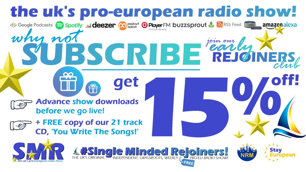 JOIN US! If you'd like to support the UK's #ProEU 🇪🇺 Radio Show with one simple donation AND get ALL the benefits with 15% off, you CAN!

🙋‍♂️ Choose a 6 or 12 month subscription with no recurring payments! 👉 fundrazr.com/SMRRejoinRadio and help us GROW today!
