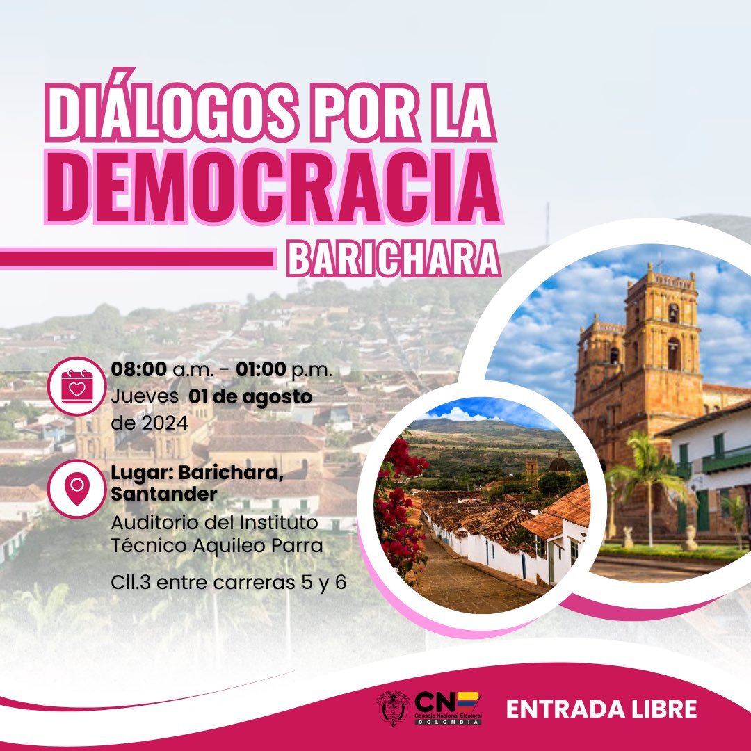 CNE_COLOMBIA's tweet photo. 'Diálogos por la Democracia', nos vemos este jueves 01 de agosto en Barichara, Santander. 

Inscríbete en el siguiente link
https://t.co/PBz9yr4Rps https://t.co/adfvCDupFL