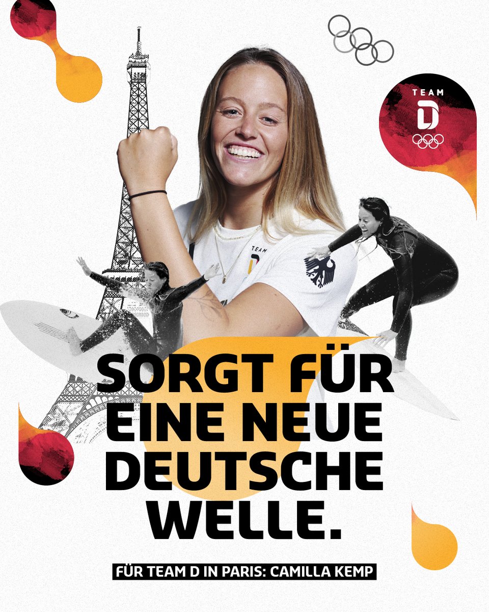 TeamD's tweet photo. #JetztFürImmer 

Wir stellen vor: Die erste Surferin, die bei Olympischen Spielen für Team D an den Start geht! 🖤❤️💛  

#TeamD #Paris2024 #Olympics https://t.co/J5EDh8OQew