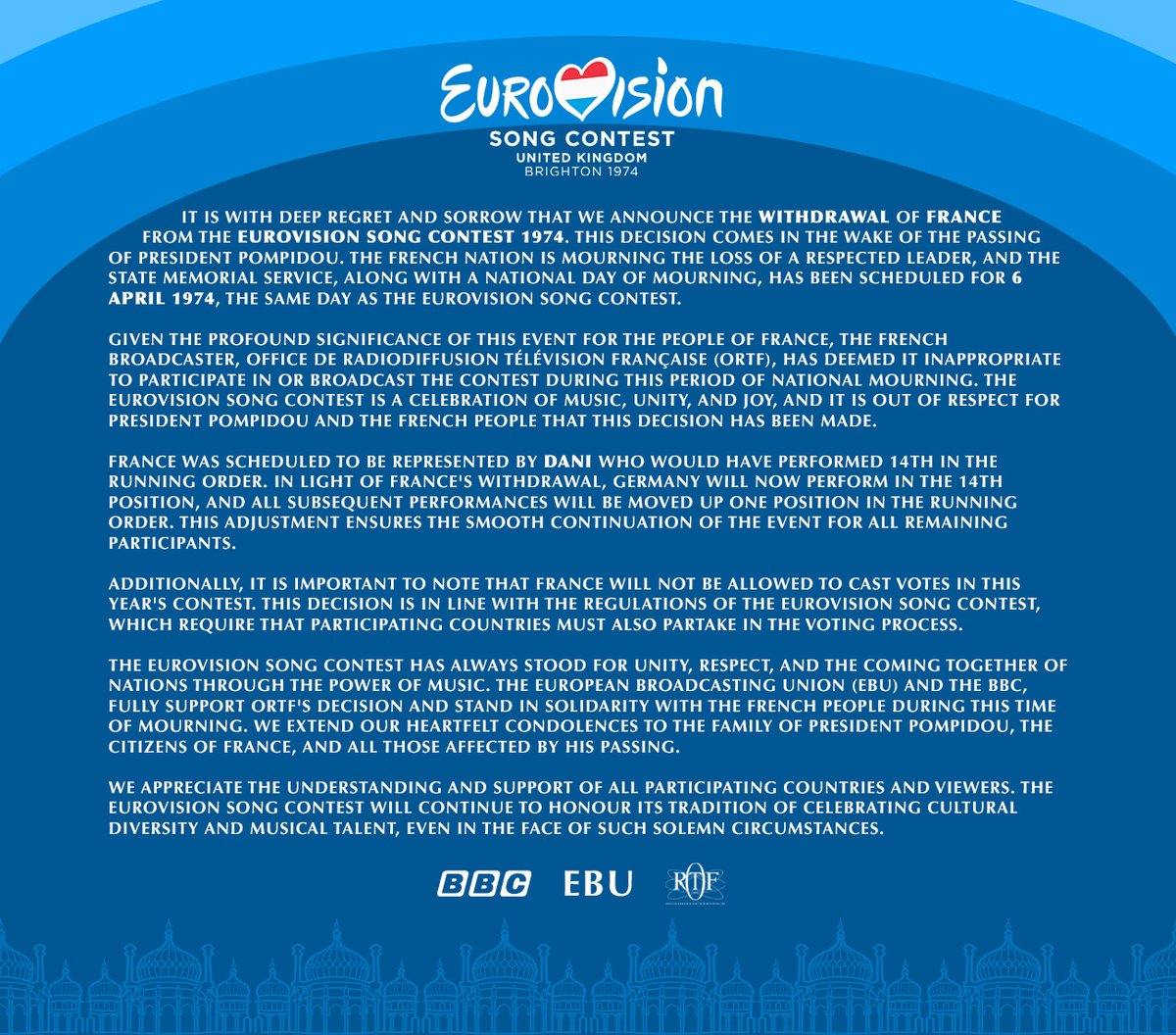 Statement from the BBC, the EBU and ORTF regarding France's participation in this week's Eurovision Song Contest in light of recent events 🇫🇷 #Eurovision1974