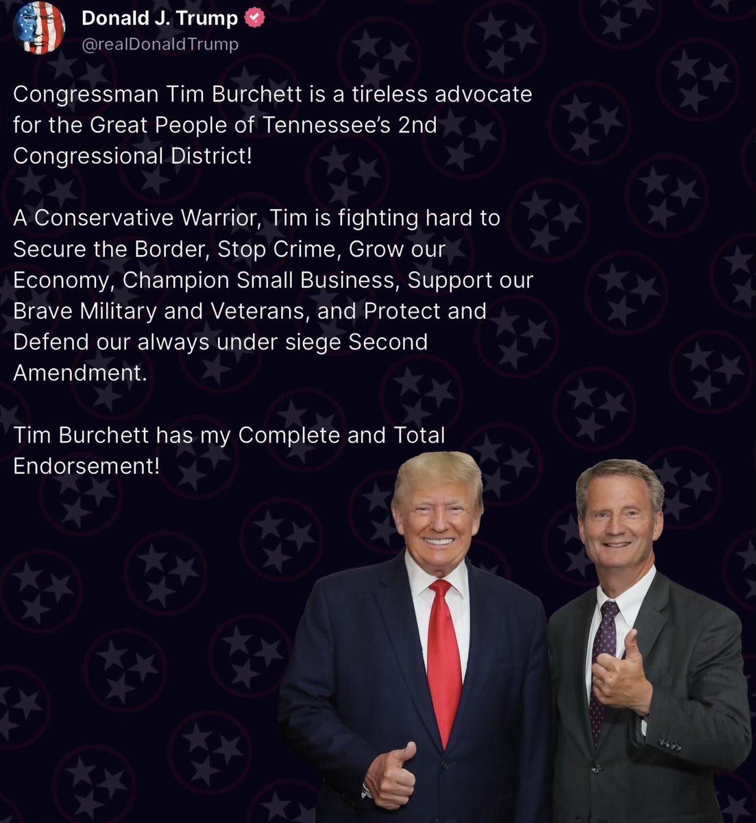 timburchett's tweet image. I am honored to have the friendship and the endorsement of @realDonaldTrump.