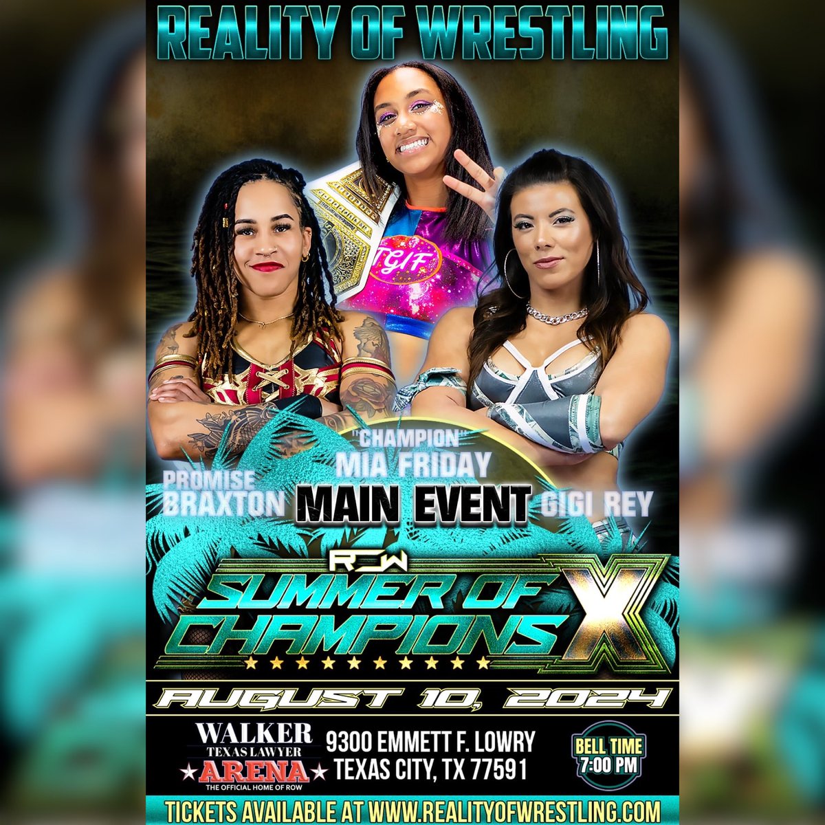 ‼️ MATCH ANNOUNCEMENT ‼️

For the FIRST TIME EVER the women will main event  #SummerOfChampions on Saturday, August 10th in Texas City, TX at the Walker Texas Lawyer Arena. 

The women’s division matches have consistently been stealing the show and now it’s time to have them