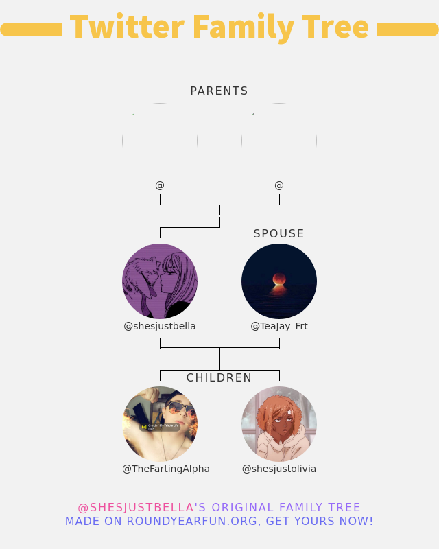 👨‍👩‍👧‍👦 My Twitter Family:
👫 Parents: @ @
👰 Spouse: <a href="/TeaJay_Frt/">TJ</a>
👶 Children: <a href="/TheFartingAlpha/">🔞TheFartingAlpha</a> <a href="/shesjustolivia/">𝕚𝕥𝕤𝕛𝕦𝕤𝕥𝕠𝕝𝕚𝕧𝕚𝕒</a>

➡️ infinityweet.me/family-tree