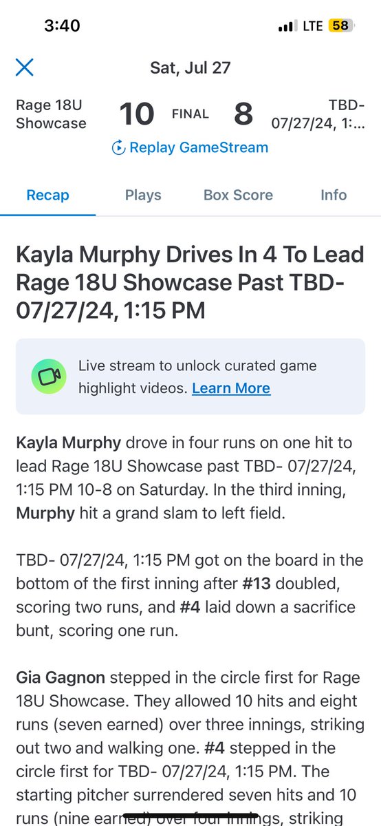 Today my team went 3-0! I hit .714 on the day with 6 RBI. In our last game I hit a grand slam to help us win 10-8!! I also had a 1.000 FPCT ‼️ Excited for the playoff games tomorrow and I will update with game times when they are released!