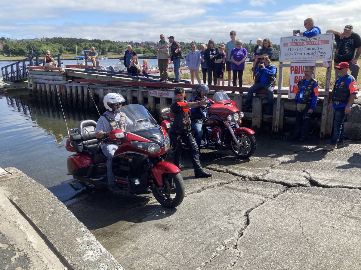 The Rolling Barrage Motorcycle Riders on a CC Ride to raise Awareness/Funds to combat PTSD dipped their wheels in the Atlantic Ocean today at BR 32 RCL! 🇨🇦 ⁦<a href="/RoyalCdnLegion/">The Royal Canadian Legion</a>⁩ ⁦<a href="/Legion_NL/">RCL NL Command</a>⁩