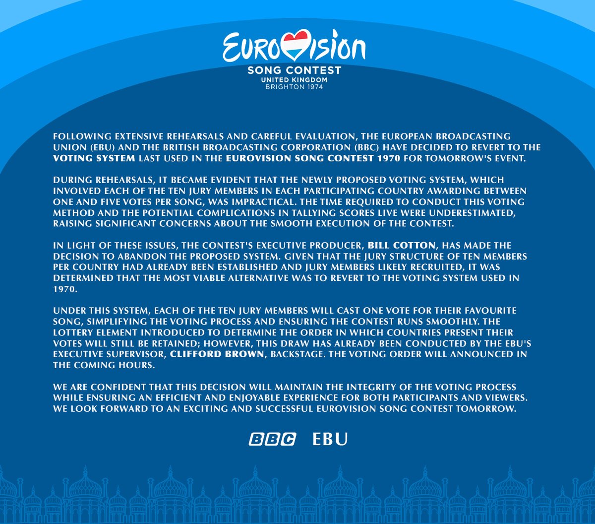 Statement from the BBC and the EBU on the Voting System to be used in tomorrow night's Eurovision Song Contest in Brighton #Eurovision1974