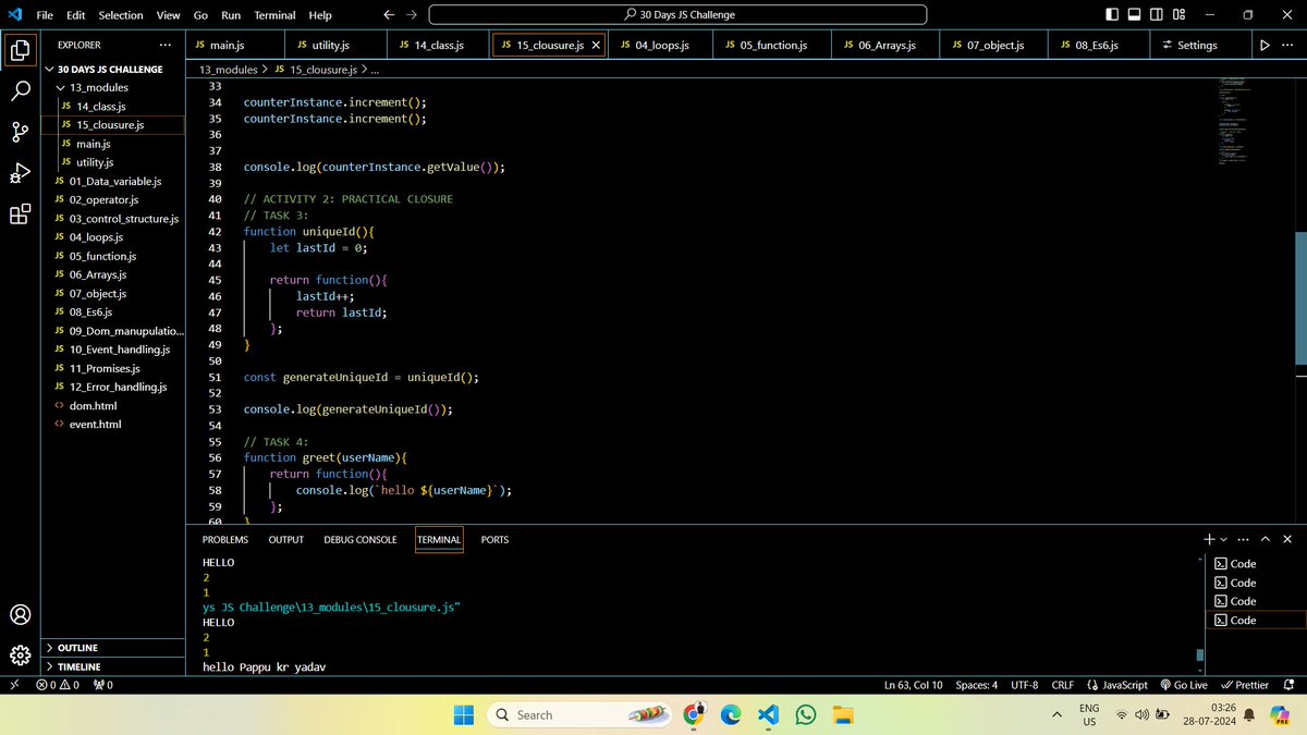 mr_yadav__70's tweet image. 30 Days Javascript Challenge #day15 Completed
Task Day 15 : CLOSURE IN JAVASCRIPT
#webdev #chaiorcode #javascript #connect
