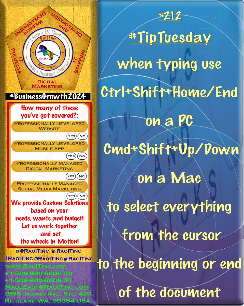 RaoITinc's tweet photo. Rao IT Inc. wishes you a joyful #TipTuedsday

#RaoITInc of #RaoGroup from #TriCitiesWA offers #WebsiteDevelopment #AppDevelopment #DigitalMarketing #ITProjects #ITStaffing

509-940-6606

https://t.co/L0gKUZf50o

#richlandwa #kennewickwa #pascowa #BusinessGrowth2024 https://t.co/2UT2xmohIO