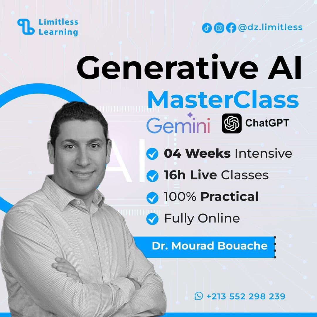 MoubachirSV's tweet image. دورة الذكاء الاصطناعي التوليدي LIMITLESS 
🛠️ دورة تقنية وعملية:** ستتعلم من خلال التطبيق العملي والمباشر للمفاهيم والتقنيات. 🛠️

🗓️ لا تفوت هذه الفرصة! سجل الآن عبر الرابط: [forms.gle/siL5ZkEQXpK4N6…]() 

#LimitlessLearning #الذكاء_الاصطناعي_التوليدي #LLMs