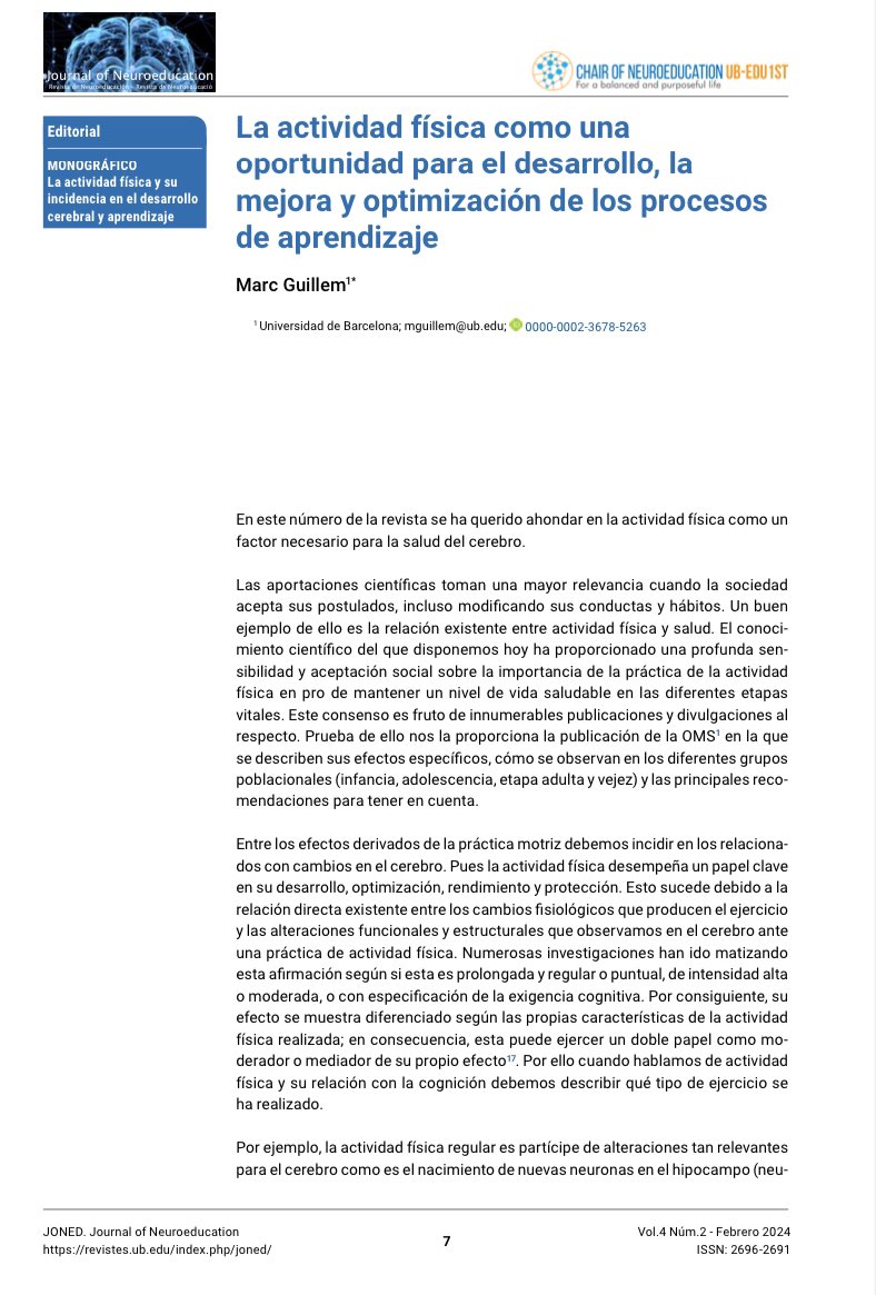 LA ACTIVIDAD FÍSICA COMO UNA OPORTUNIDAD PARA EL DESARROLLO, LA MEJORA Y OPTIMIZACIÓN DE LOS PROCESOS DE APRENDIZAJE (Marc Guillem)(2024) researchgate.net/publication/37…