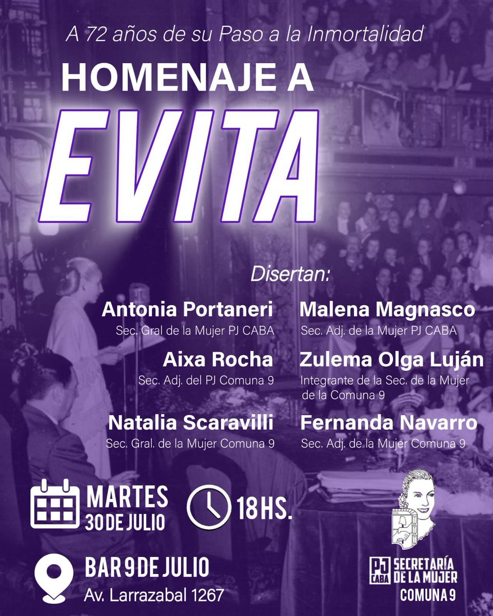A 72 años del Paso a la Inmortalidad de nuestra Jefa Espiritual, nos encontramos para rendirle homenaje, reivindicando su legado por los más humildes y por la participación política de las mujeres.