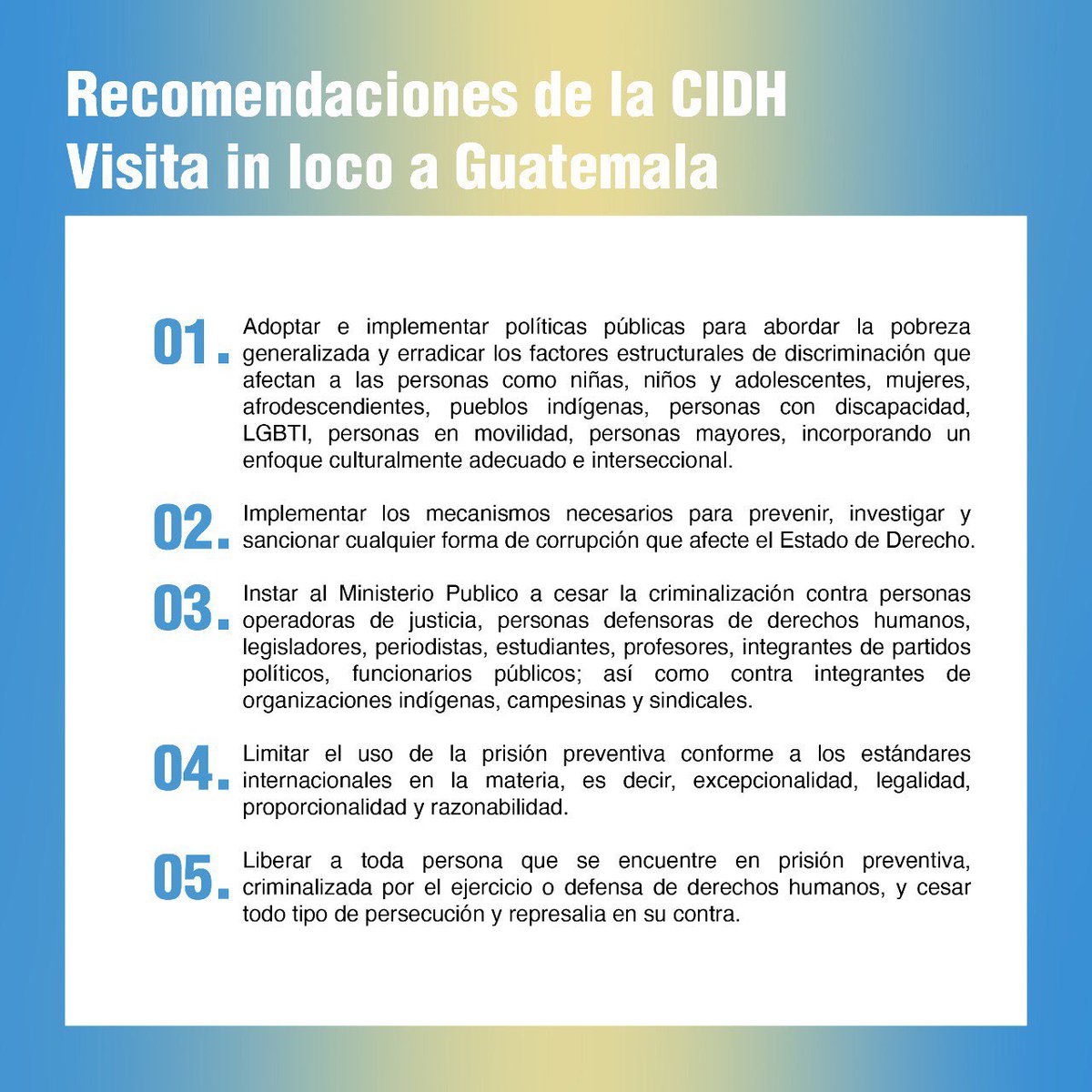 jczamora's tweet image. &amp;gt;&amp;gt; Las 10 recomendaciones de la @CIDH al @GuatemalaGob para restablecer la justicia, el Estado de Derecho y fortalecer la democracia en #Guatemala.