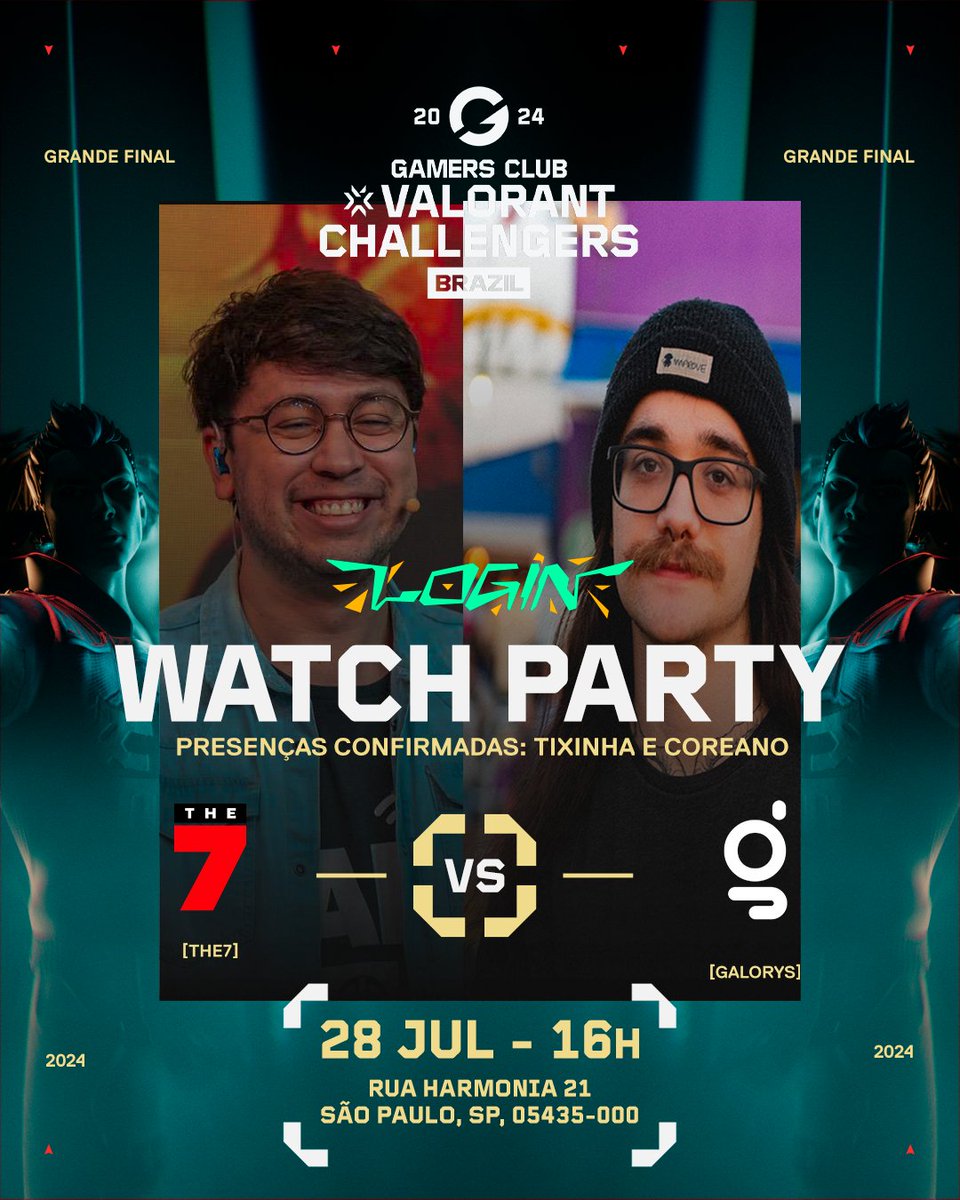 A Grande Final do Gamers Club VALORANT #ChallengersBR 2024 está chegando e você está convidado para a Watch Party da <a href="/loginhouseexp/">Login House eXP</a> em SP! 🎉

<a href="/THE7vlr/">THE 7</a> e <a href="/galorysgg/">GALORYS</a> vão disputar uma MD5 emocionante, as 17h, para definir o CAMPEÃO da Etapa 2

Chame os amigos e bora curtir! ❤