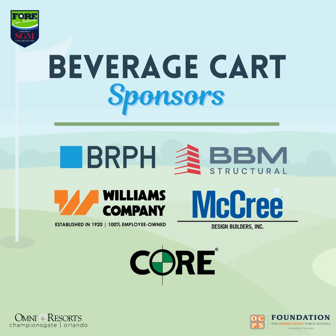 Fdn4OCPS's tweet image. Big thanks to our 5 Beverage Cart Sponsors for The Foundation for OCPS&apos; 24th Annual &quot;Fore our Schools&quot; Golf Tournament presented by SGM Engineering! 
Visit: foundationforocps.org/.../sgm-engine…... for more sponsorships. 
#fdn4ocps #foreourschools #SGMEngineering