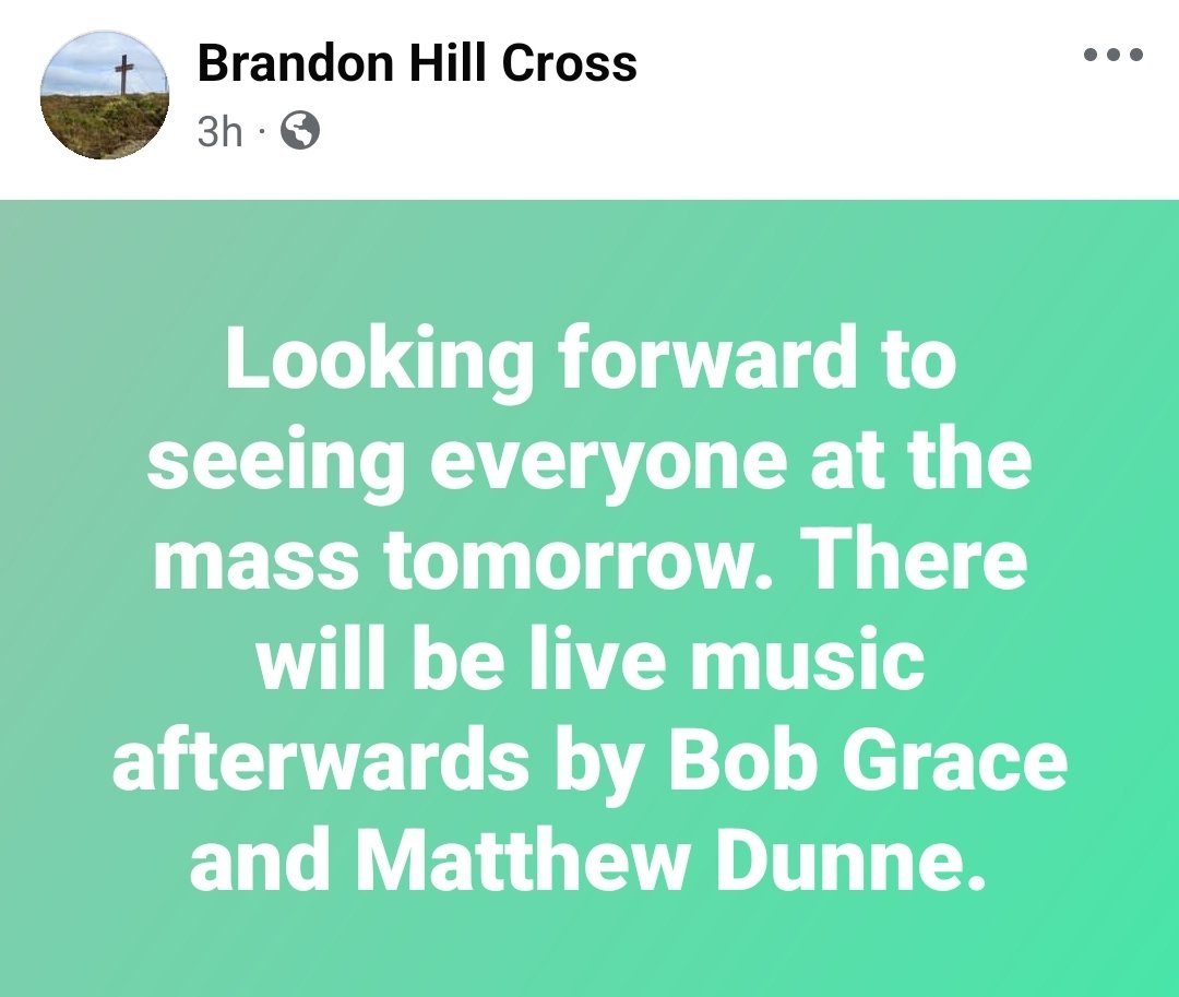 Mass on Brandon Hill tomorrow at 3pm to celebrate the 40th anniversary of the last cross on Brandonerected in 1984  and the New Cross just  a few weeks ago .Live music after with Bob and Matt  along with a small shop on site .