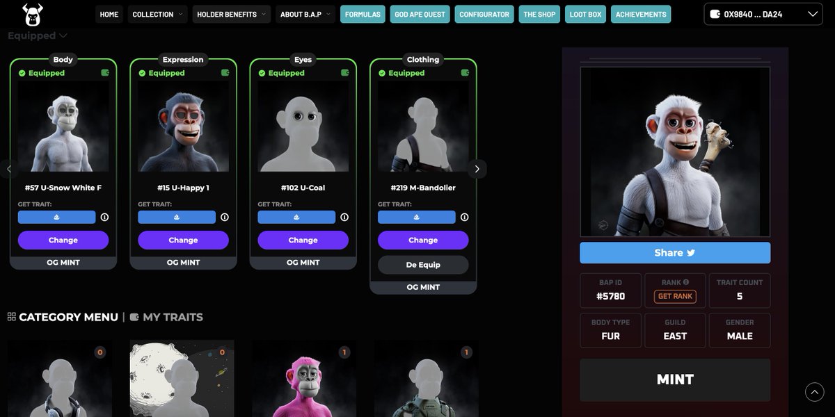 888aped's tweet image. How would you equip your ape?
Jump on to #TheConfigurator and try it out for freee even if you don&apos;t own any BAP NFTs. 
Good luck!

4/5