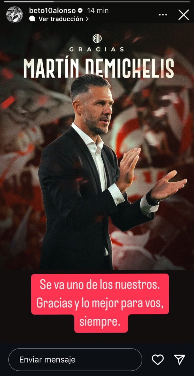 pmonumental's tweet photo. 🤳 La historia que subió el Beto Alonso despidiendo a Demichelis de River: “Se va uno de los nuestros. Gracias y lo mejor para vos, siempre” https://t.co/sMJafRKAgQ