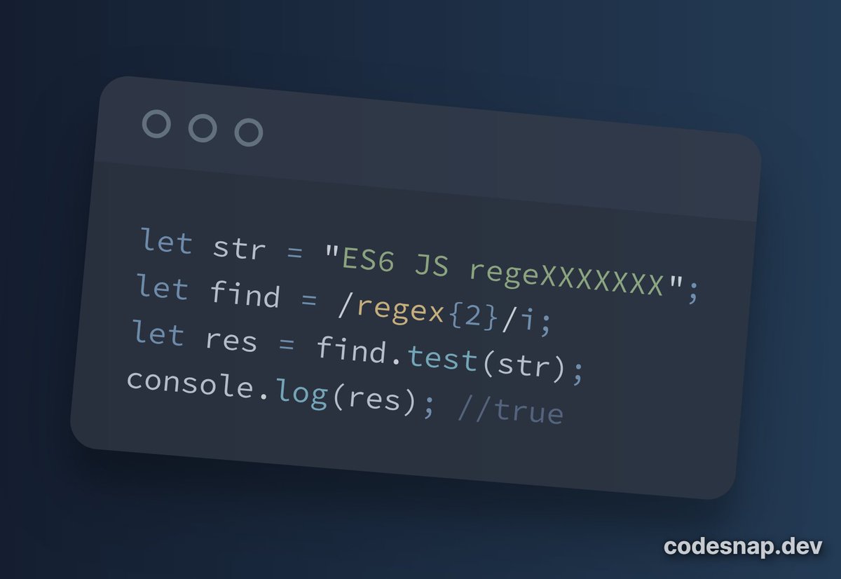 code_julito's tweet image. Regex 22/33
You can specify an exact number of matches. To indicate a specific number of patterns, simply place that number within the curly brackets without placing a comma and a maximum number.
@CodeSnapDev #codinglife