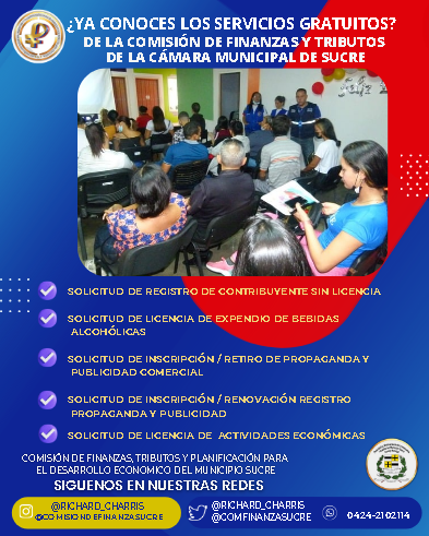 🚀 ¡Atención #Emprendedores y #Contribuyentes del Municipio Sucre! La Comisión de Finanzas y Tributos, presidida por el concejal <a href="/richard_charris/">Msc. Richard Charris</a>, ofrece servicios GRATUITOS como Permisos Sanitarios, de Bomberos, Licencia de Actividades Económicas  y más. ¡Aprovecha📷#Sucre