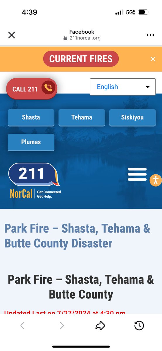 CALFIRESHU's tweet photo. 211norcal has been activated to provide Park Fire information for Shasta, Butte, and Tehama Counties. https://t.co/gyeI6XWH43