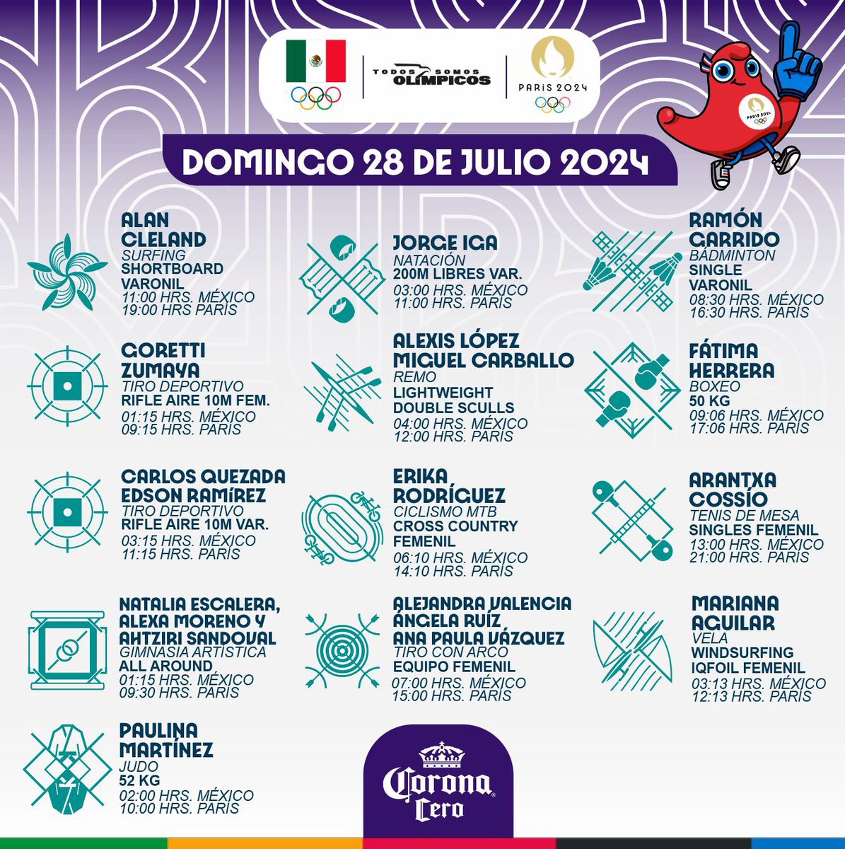 COM_Mexico's tweet image. ¡Agenda lista para apoyar a nuestros atletas en #París2024! 🎉🇲🇽

Consulta los horarios y acompaña a Alan Cleland, Goretti Zumaya, Jorge Iga y más deportistas mexicanos en sus competencias. ¡Vamos con todo, México!

#TodosSomosOlímpicos | @CoronaCero