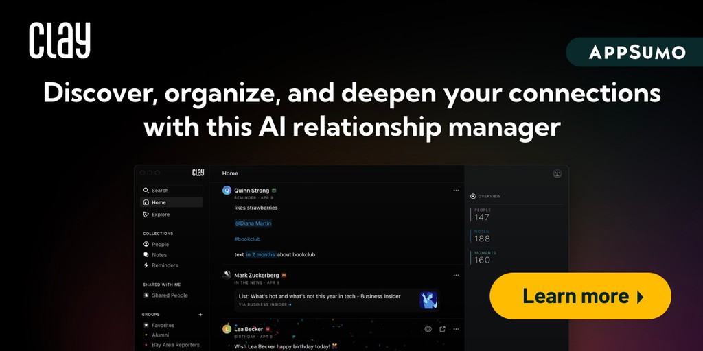 EmCurs's tweet image. Por último, Clay te permite acceder a un asistente inteligente que te ayuda a encontrar a las personas adecuadas para cada ocasión, ya sea para pedir consejo, solicitar una introducción o hacer una colaboración.

Leer más 👉 lttr.ai/AVPPD

#Contactos #LTD
