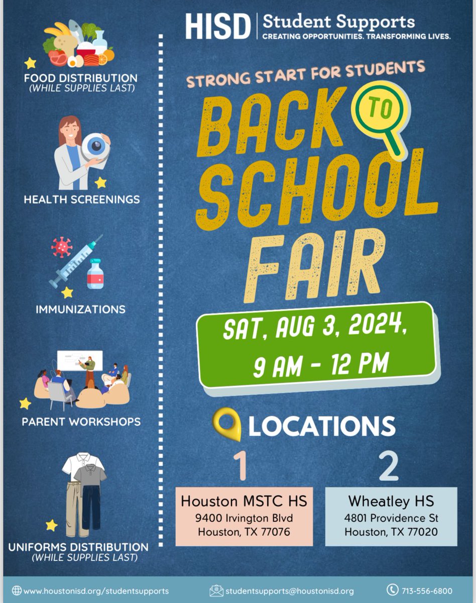 MLelandPrep's tweet photo. Join us for the HISD Back to School Fair on Saturday, August 3rd from 9am to 12pm! 

Únase a nosotros para la Feria de Regreso a Clases de HISD el sábado 3 de agosto de 9am a 12pm! 

@HISDCentral @HoustonISD @HISDEspanol https://t.co/Qb8HfetHTs