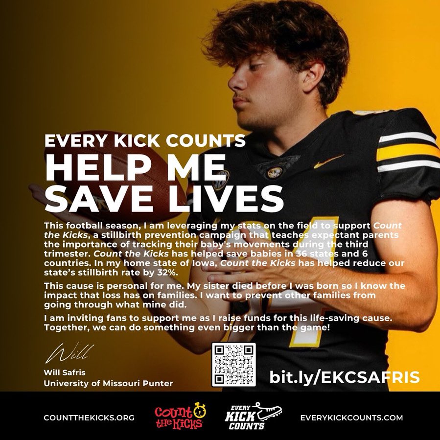 Will_safris's tweet photo. Tiger Fans, help me raise funds for @CounttheKicksUS,  a stillbirth prevention campaign that is saving babies nationwide. Visit https://t.co/elsCF0yYWX to donate. Let’s do something even bigger than the 🏈 game!

￼ https://t.co/og5Sf988Ov
