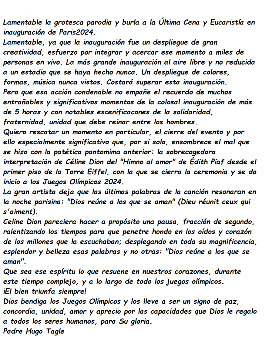HugoTagle's tweet photo. A propósito de la triste y grotesca pantomima de la #ÚltimaCena en #Paris2024
#JuegosOlimpicosParis2024 #OlimpiadasParís24
¡El bien triunfa siempre! Dios tiene la última palabra!
#CelineDion #Celin #EdithPiaf https://t.co/TWJixnG61y