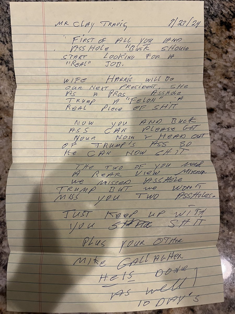 Death threat just mailed to the house here in Tennessee with a Minneapolis post mark. Says they missed Donald Trump but won’t miss me or Buck. Police have it. Pro tip: death threats aren’t a good move. Hope they can catch this guy, he clearly isn’t well.