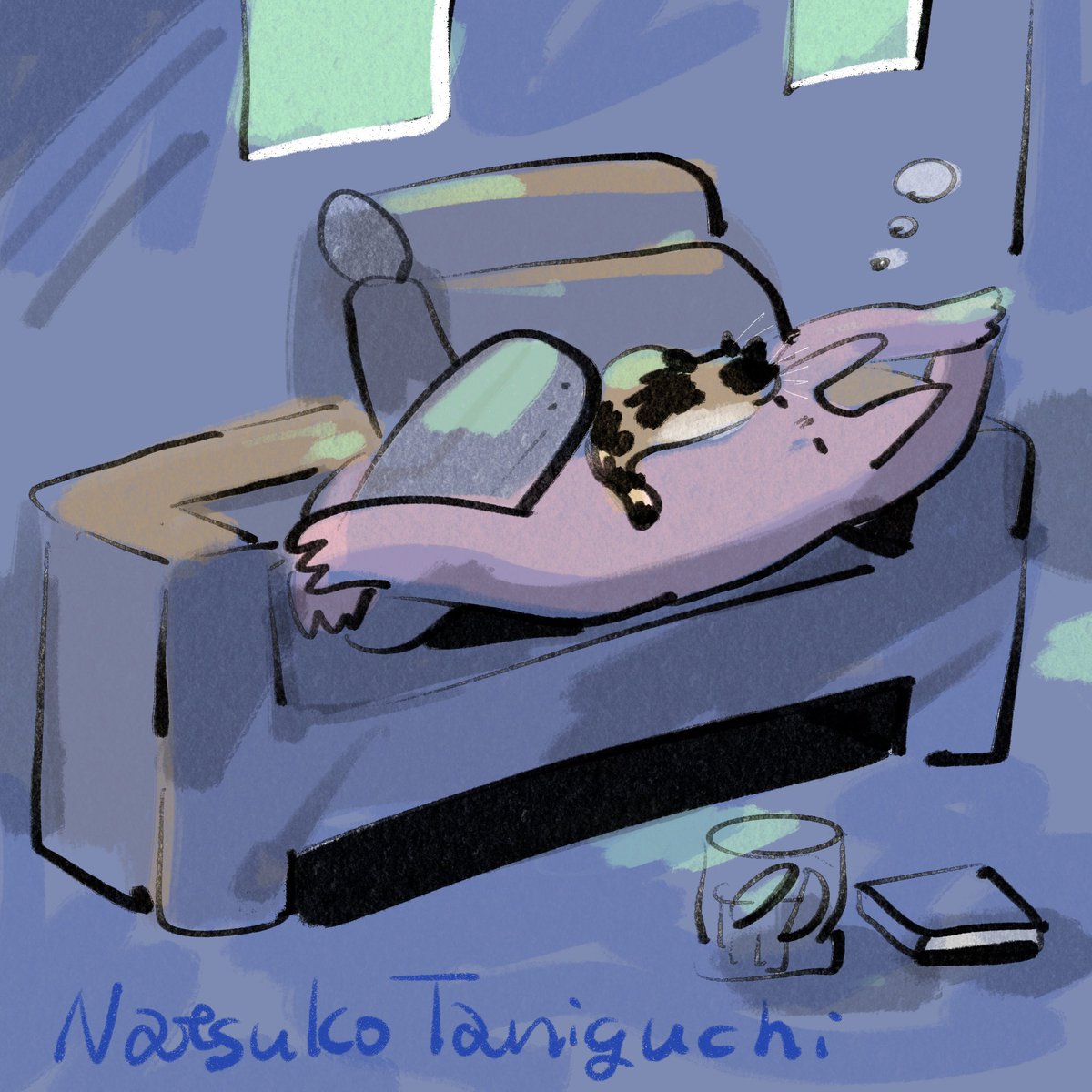 「眠くて眠くて朝ごはん食べた後ずっとソファで寝てた。 シューイチの駅弁特集面白かっ」|谷口 菜津子のイラスト