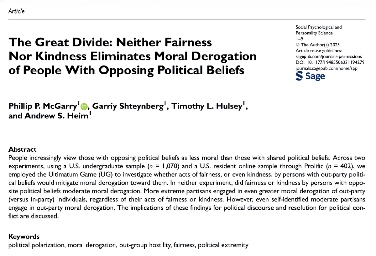 "In neither experiment, did fairness or kindness by persons with opposite political beliefs moderate moral derogation." doi.org/10.1177/194855…