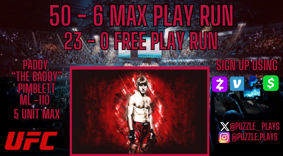 23 - 0 Streak on the line once again 🚨

50 - 6 Max Play Run 🧩🐐

Paddy Pimblett ML (5u) Max Play 🏆💰

Show some love if tailing ❤️

#GamblingX #UFC304 #FreePicks