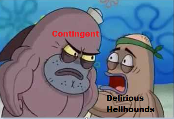 Now that we've got it on wumbo, we can't be stopped!  Contingent captures a W in Game 2 vs Delirious Hellhounds!

Excited to see the crew show up at the ol NACL-y Spittoon tomorrow to see how tough we really are!