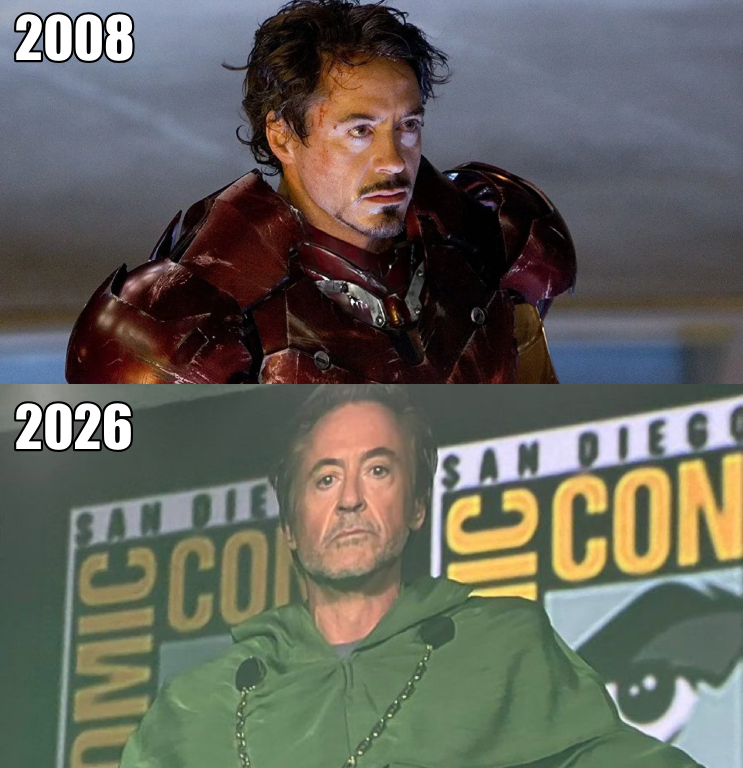 InvictosSomos's tweet photo. En 2008, inició el viaje de Iron Man. En 2026, Robert Downey Jr. volverá a las películas de Marvel, pero ahora como Doctor Doom. Y los hermanos Russo también están de regreso para dirigir Avengers: Doomsday y Avengers: Secret Wars. Definitivamente, REVIVIÓ EL UCM 🚬🚬🚬