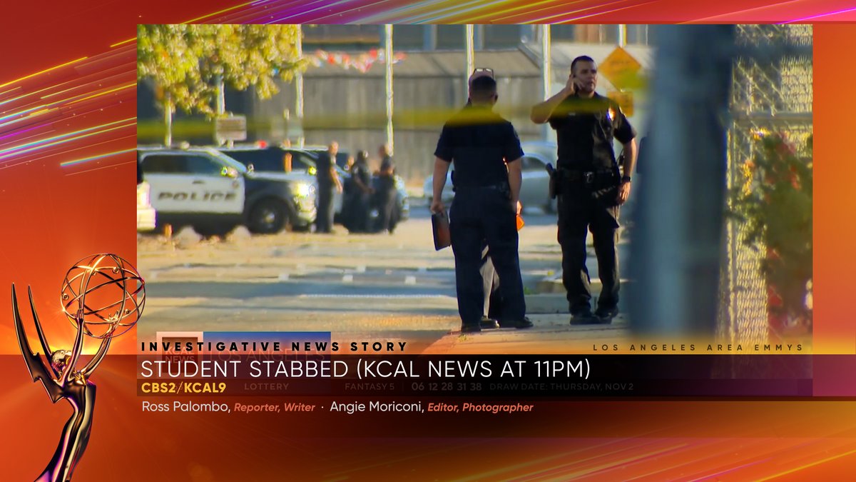 The #Emmy for Investigative News Story goes to Ross Palombo and Angie Moriconi at CBS2/KCAL9 (<a href="/kcalnews/">KCAL News</a>) for “Student Stabbed (KCAL News at 11pm).” 👏#LAEmmys #TelevisionAcademy