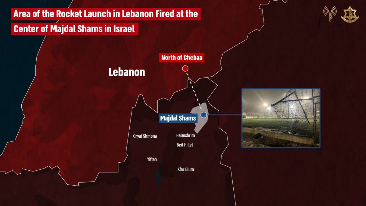 Schulla007's tweet photo. 🟥 The IDF says that the rocket that landed in Majdal Shams was fired from an area north of the Lebanese village of Chebaa.
They also say that they know for sure that Hezbollah is behind the attack.
#IDF #Chebaa #Hezbollah #MajdałShams https://t.co/5PVSl0FrxK