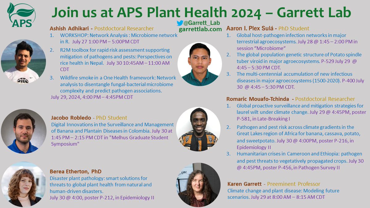 Karen Garrett (@garrett_lab) on Twitter photo Check out the great work of <a href="/ashishadh7/">Ashish</a> <a href="/PlexAaron/">Aaron Plex</a> <a href="/robledo_jacobo/">Jacobo Robledo</a> <a href="/mouafo_romaric/">Romaric A. Mouafo-Tchinda</a> @Berea_Etherton
at #PlantHealth2024
& there's more on disaster plant pathology here: apsjournals.apsnet.org/doi/10.1094/PH…
<a href="/UFPlantPath/">UF/IFAS Plant Pathology Department</a> <a href="/UF_IFAS_GFSI/">The Global Food Systems Institute at UF IFAS</a> <a href="/UF_EPI/">Emerging Pathogens Institute</a> with <a href="/Cipotato/">International Potato Center</a> <a href="/IITA_CGIAR/">IITA</a> <a href="/BiovIntCIAT_eng/">Alliance of Bioversity International and CIAT</a> Check out the great work of <a href="/ashishadh7/">Ashish</a> <a href="/PlexAaron/">Aaron Plex</a> <a href="/robledo_jacobo/">Jacobo Robledo</a> <a href="/mouafo_romaric/">Romaric A. Mouafo-Tchinda</a> @Berea_Etherton
at #PlantHealth2024
& there's more on disaster plant pathology here: apsjournals.apsnet.org/doi/10.1094/PH…
<a href="/UFPlantPath/">UF/IFAS Plant Pathology Department</a> <a href="/UF_IFAS_GFSI/">The Global Food Systems Institute at UF IFAS</a> <a href="/UF_EPI/">Emerging Pathogens Institute</a> with <a href="/Cipotato/">International Potato Center</a> <a href="/IITA_CGIAR/">IITA</a> <a href="/BiovIntCIAT_eng/">Alliance of Bioversity International and CIAT</a>