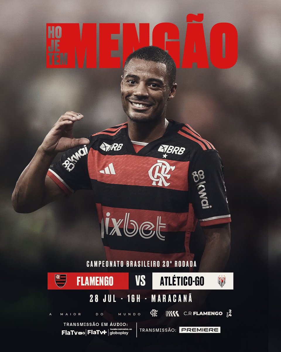 Flamengo's tweet photo. HOJE TEM MENGÃO NO BRASILEIRÃO! 

Às 16h, o Mais Querido enfrenta o Atlético-GO, no Maracanã! Vamos com tudo em busca dos três pontos! 

#FLAxACG #VamosFlamengo https://t.co/Rx5SRvO6WB