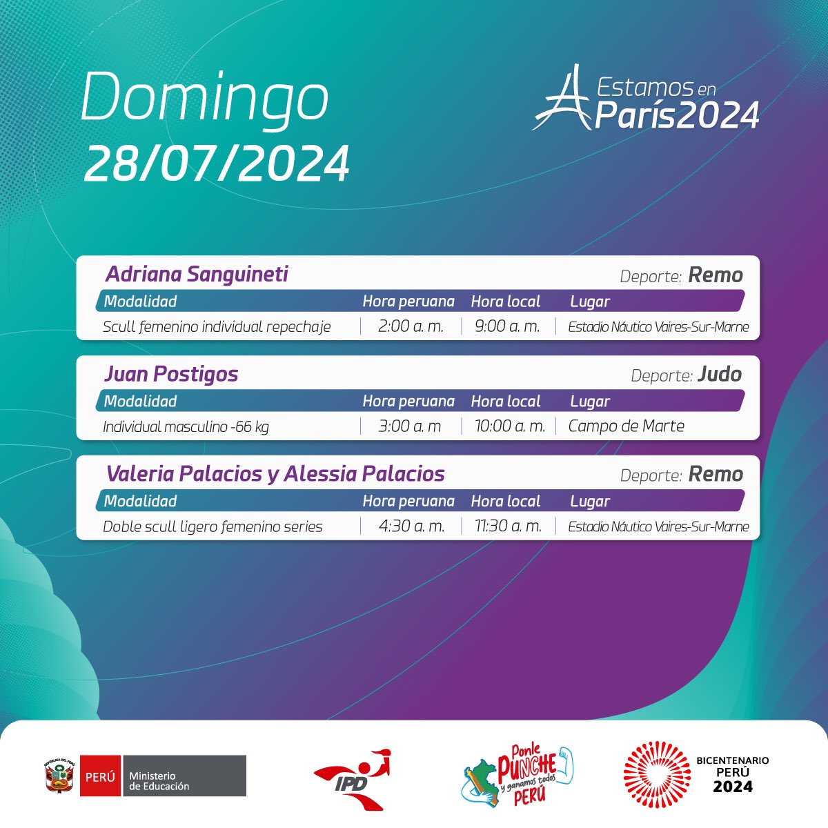 Revisa el cronograma de participaciones peruanas en los Juegos Olímpicos París 2024 para el domingo 28 de julio.