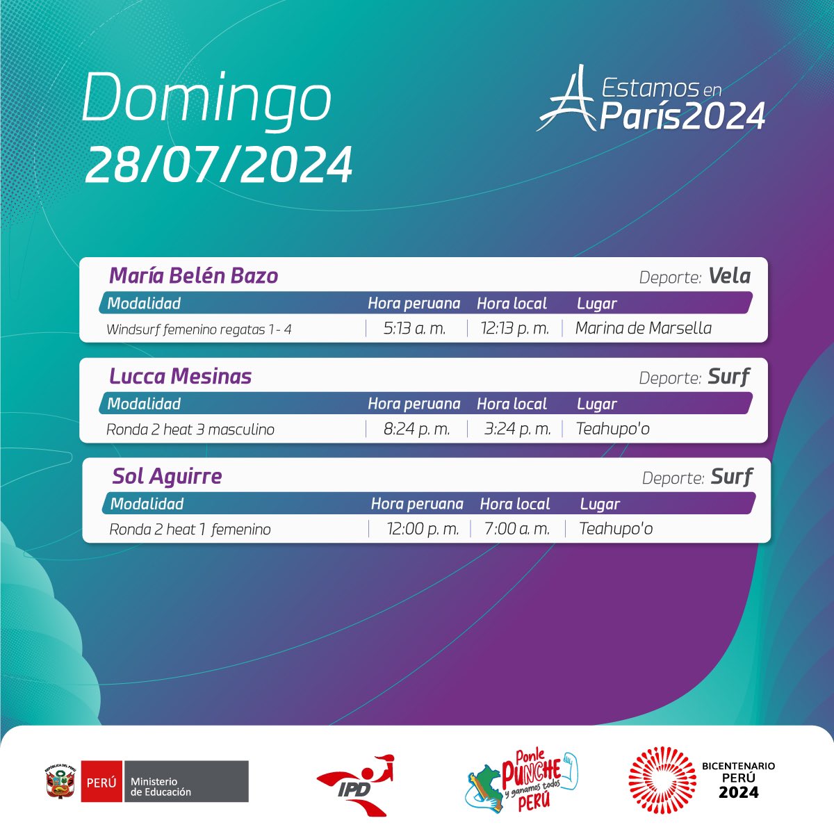 Horarios en el segundo día de participación peruana.