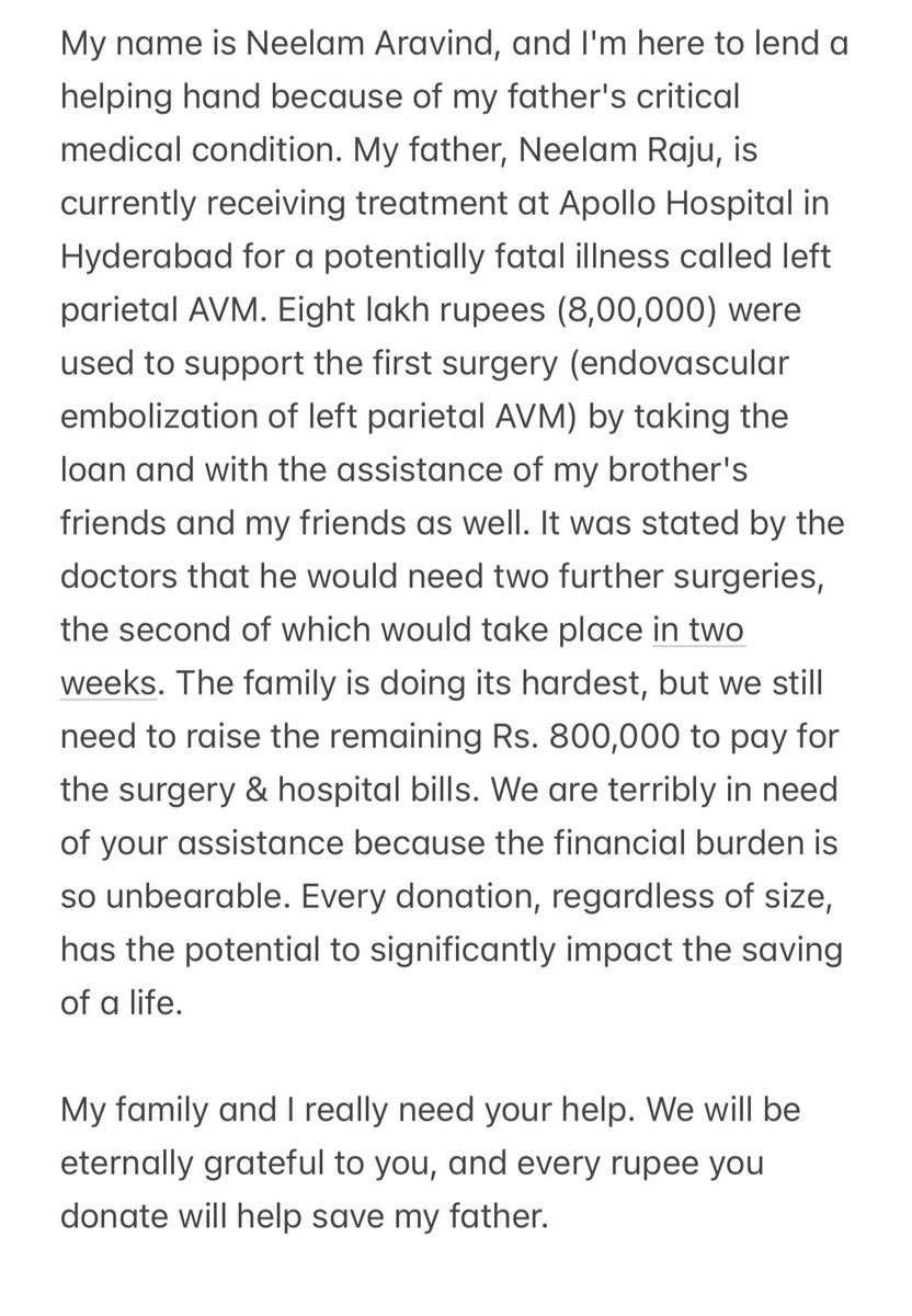 neelams1604's tweet photo. Please help my father, he is battling with left parietal AVM and urgently needs surgery at Apollo Hyderabad costing 8L. We have exhausted our savings.please help us to save his life.
@KTRBRS  @SonuSood @upasanakonidela @revanth_anumula @TelanganaCMO @PawanKalyan @TheDeverakonda https://t.co/3nVjzZMAgG
