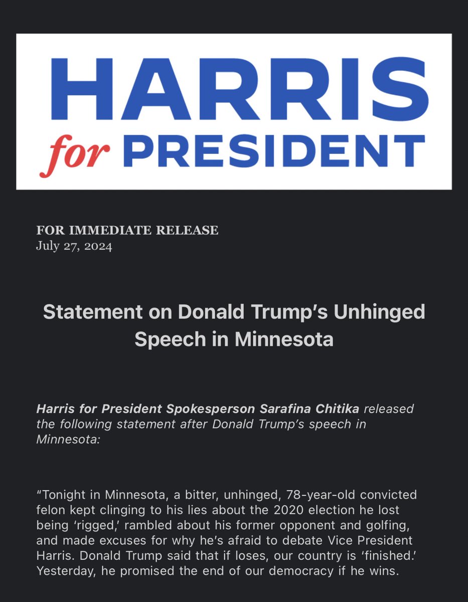 BOOM. The Harris campaign just released a new statement on Donald Trump’s “unhinged” speech in Minnesota, in which we slam him for being a “biter 78-year-old convicted felon.” Gloves are off. This is how it’s done.